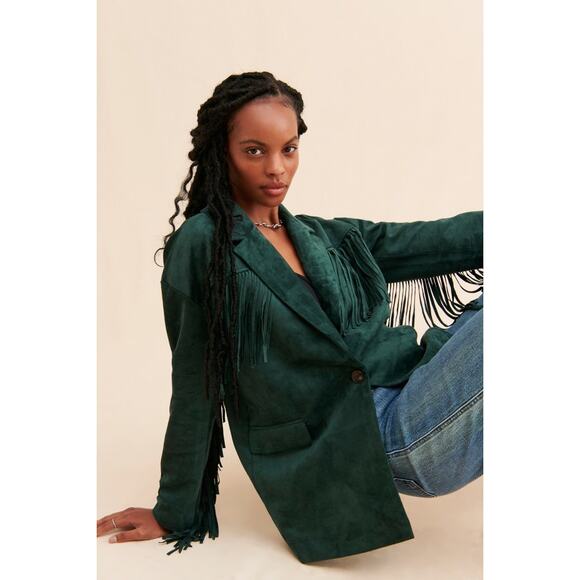 NWT Blanc NYC Faux Suede Fringe 'Deep Dive' Green Blazer Jacket Size Medium - Picture 3 of 6